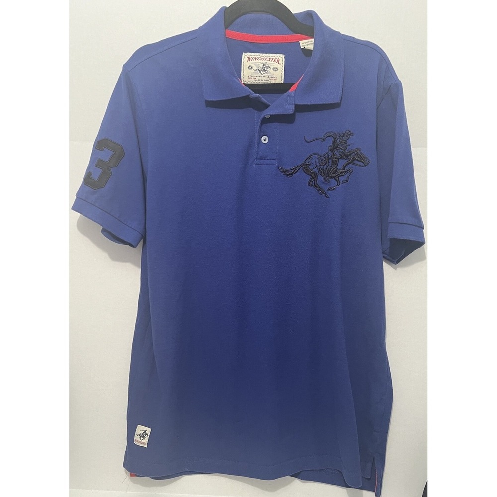 Winchester Polo Shirt Mens Large Blue‎ Black Embroidered Big Horse Flags Cowboy